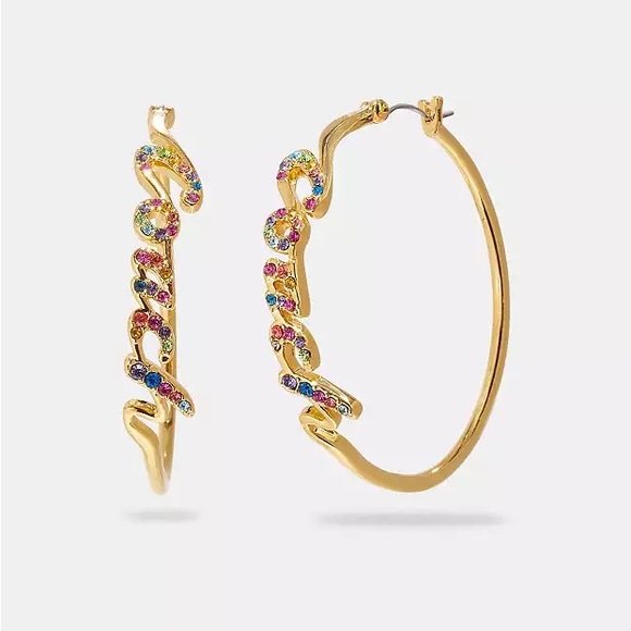 COACH Gold Tone Hypoallergenic Rainbow Crystal Logo Script Hoop Earrings - Picture 2 of 10